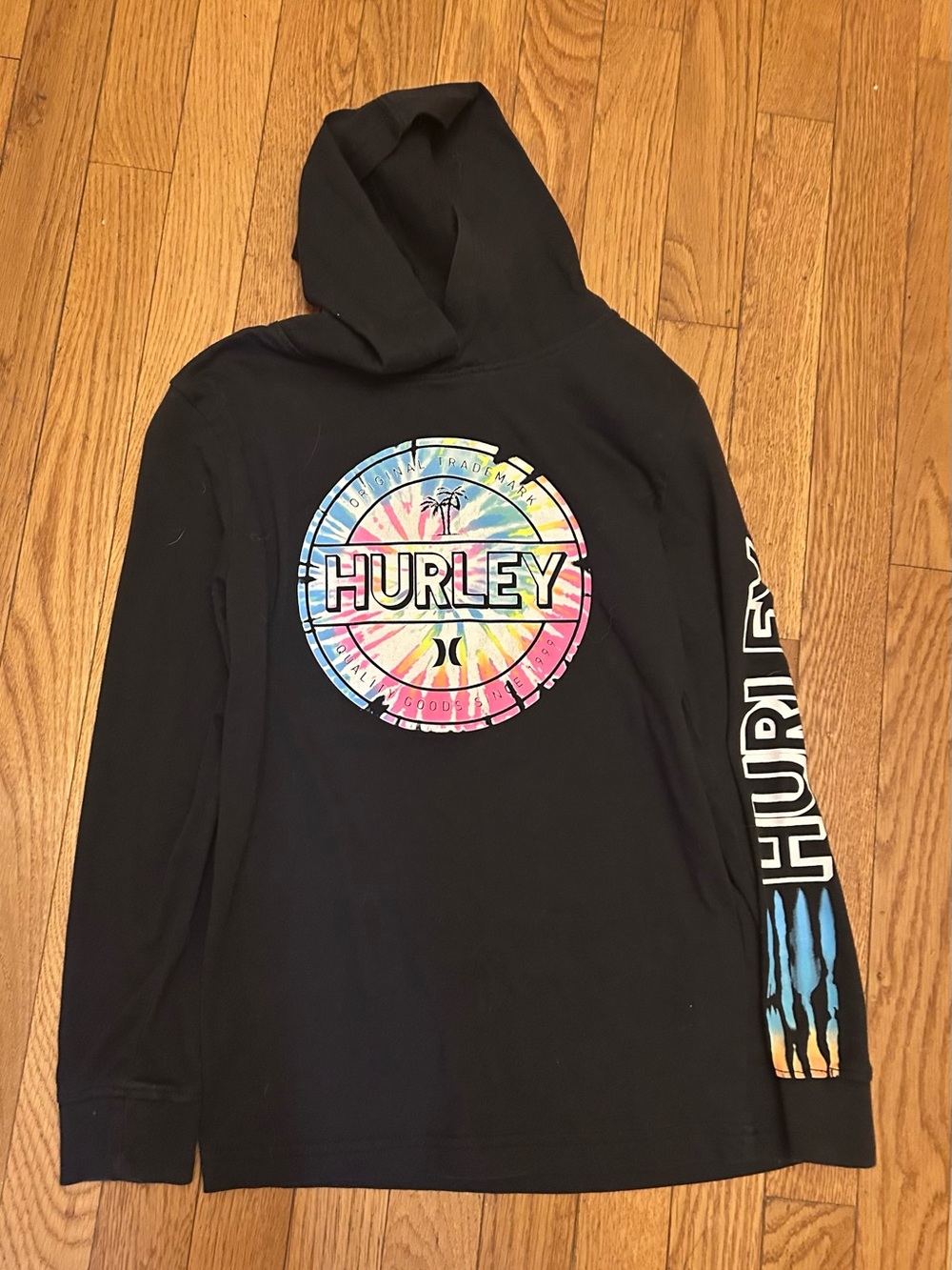 Boys Hurley Black Tie Dye Logo Hooded Long Sleeve T-Shirt Size Medium